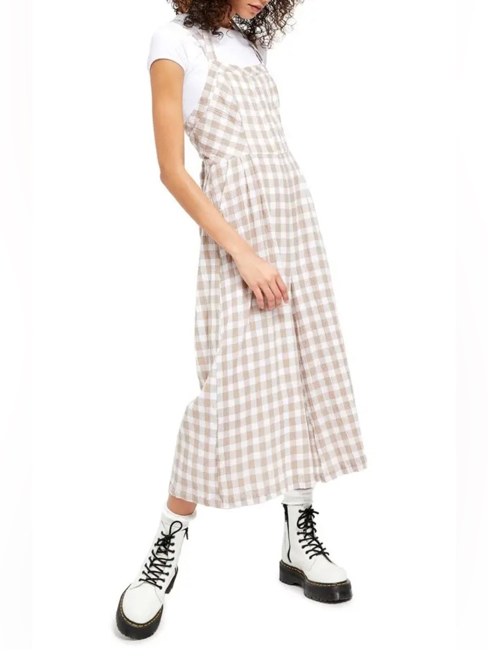 Free People Zuzu Seersucker Wide Leg Jumpsuit Natural Gingham Size 2